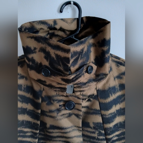 DKNY Black & Brown Animal Print Mid Length Lightweight Coat SzS Pockets - Picture 6 of 16
